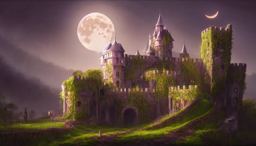 Image similar to a living castle, vines, forest, hyperrealistic, highly detailed, cinematic, single ray of moon, dark sky, beautiful, cgssociety, artstation, 8 k, oil painting