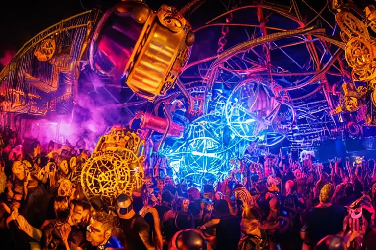 Image similar to scene is elrow party in ushuaia in ibiza, portrait photo of a giant huge golden and blue metal steampunk robot, with gears and tubes, eyes are glowing red lightbulbs, shiny crisp finish, 3 d render, 8 k, insaneley detailed, fluorescent colors, haluzinogetic, background is multicolored lasershow