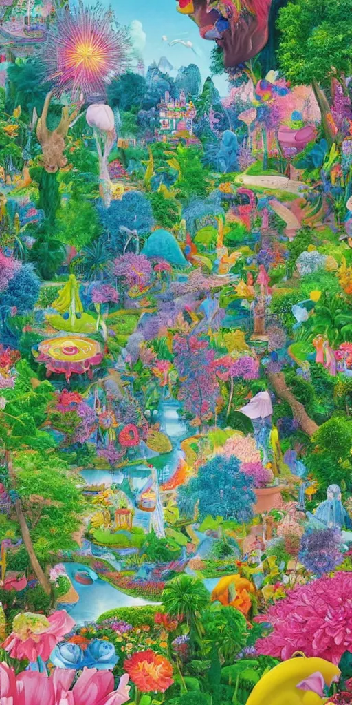 Image similar to bosch and beeple ( ( ( and lisa frank ) ) ) painting of a magnificent garden filled with remarkable sculptures, trees, and structures, incredible details