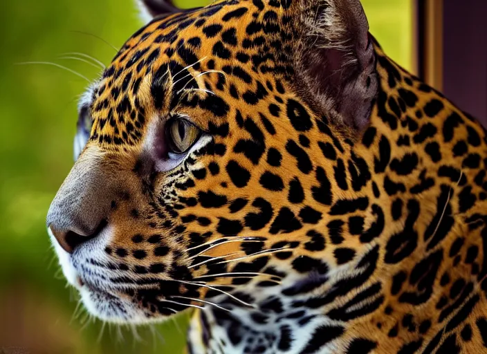 Image similar to photography of a Jaguar Cat . watching outside the window. on a bed. in a 70's room full of vinyls and posters, photorealistic, award winning photo, 100mm, sharp, high res