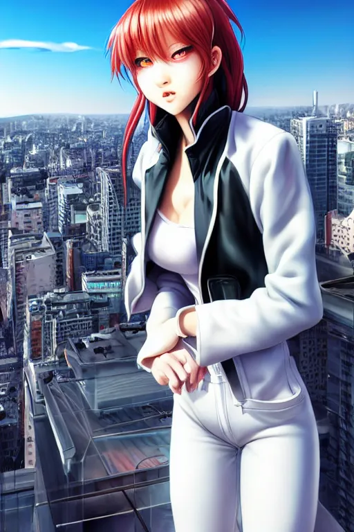 Prompt: extremely beautiful aesthetic girl with half black and half white jacket on the top of the city, full body, occlusion shadow, specular reflection, rim light, unreal engine, artgerm, artstation, art by hiroaki samura and jiro matsumoto and yusuke murata, high quality, intricate detailed 8 k, beautiful shape of face and body