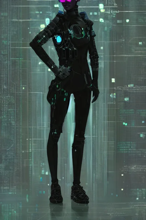 Image similar to full body portrait of a cyberpunk inspired by william gibsons neuromancer, the sprawl, ultrafine detail, digital concept art, masterpiece!!!