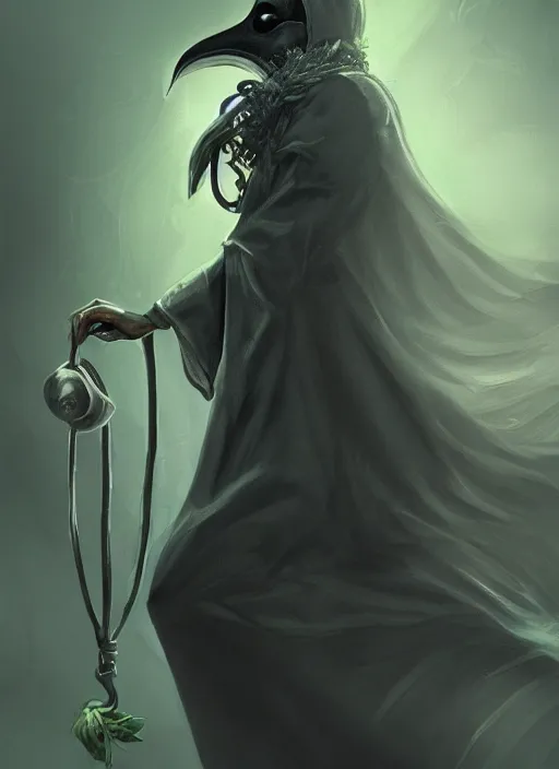 Image similar to a highly detailed illustration of plague doctor mask wearing woman, eerily floating with cape in the wind pose, surrounded by green mist, intricate, elegant, highly detailed, centered, digital painting, artstation, concept art, smooth, sharp focus, league of legends concept art, WLOP