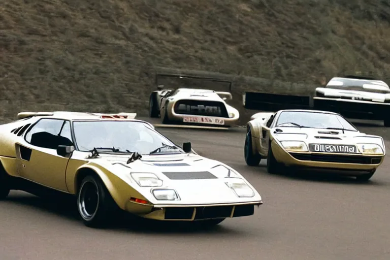 Prompt: 1975 De Tomaso, Lotus Europa!!, BMW M1, Pantera ((Countach)), movie still, speed, cinematic Eastman 5384 film