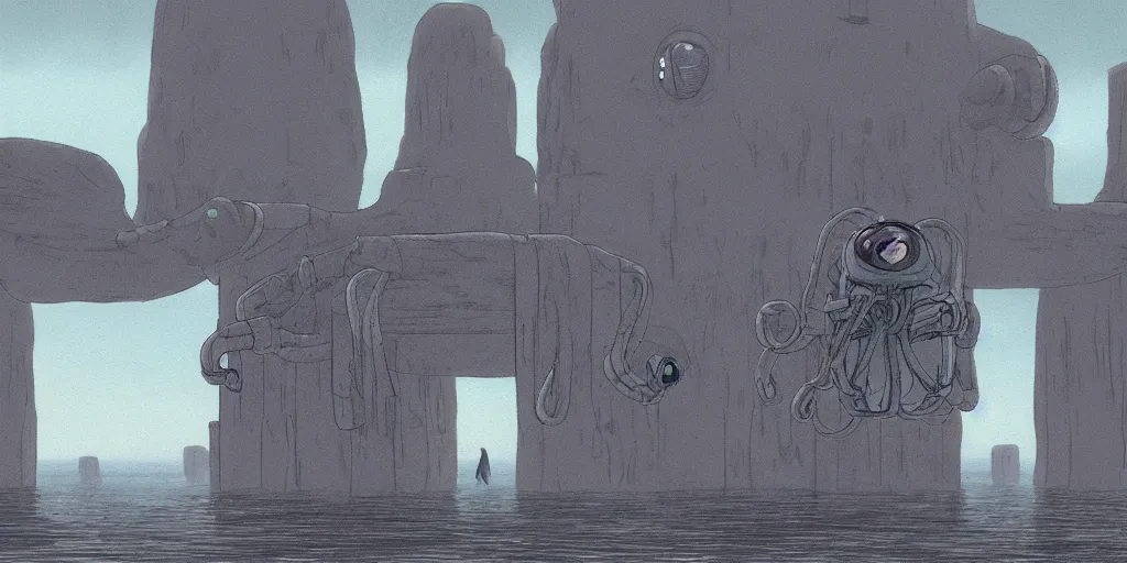 Image similar to a realistic cell - shaded studio ghibli concept art from paprika ( 2 0 0 6 ) of a flying intelligent dull grey mechanical octopus from close encounters of the third kind ( 1 9 7 7 ) in a flooded monument valley stonehenge. very dull colors, wide shot, hd, 4 k, hq