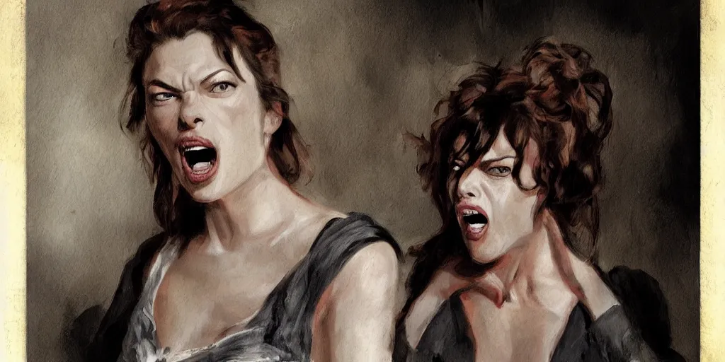 Prompt: portrait of beautiful female Mila Jovovich (yelling) in old west town, in the style of Goya