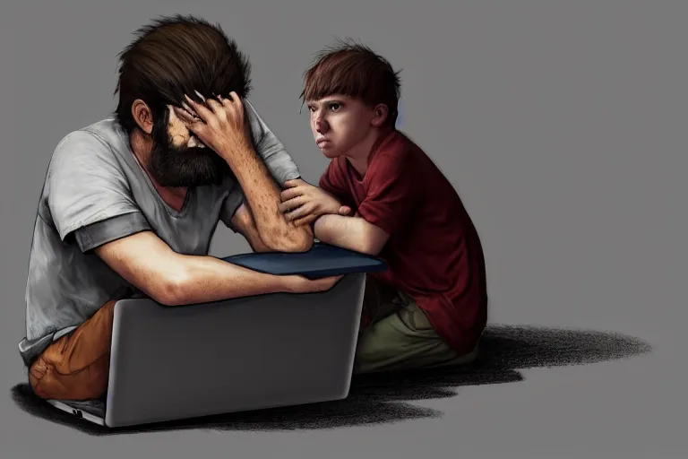 Prompt: angry hangover man sitting with laptop and very sad crying kid staying near the man. high detail, trending on artstation