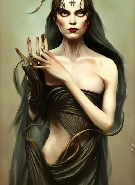 Image similar to tarot!!, high priestess, no noise, elegant, concept art, sharp focus, beautiful face!!, digital art, smooth defined outlines!!, human anatomy, human structure, vector background, dark fantasy, by Brom, trending on Artstation, Tom Bagshaw, Sargent