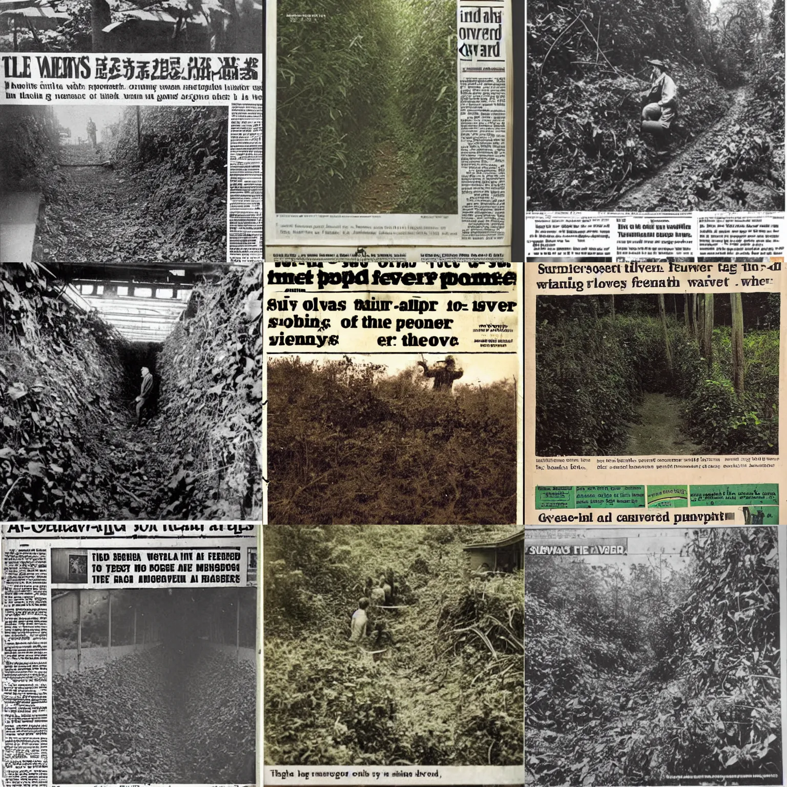 Prompt: a sub - way overgrown with flesh, old newspaper frontpage photo