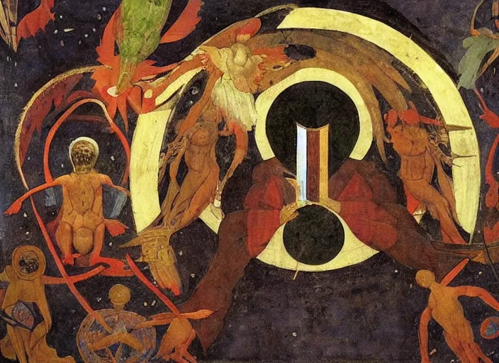 Prompt: A shaman holding up the universe, by Paolo Uccello, reflection, symbolist, soft colors, dramatic lighting, smooth, sharp focus, extremely detailed, aesthetically pleasing composition