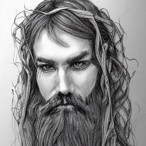 Prompt: bearded male druid gray skin pointy ears with vines as hair detailed fantasy pencil drawing