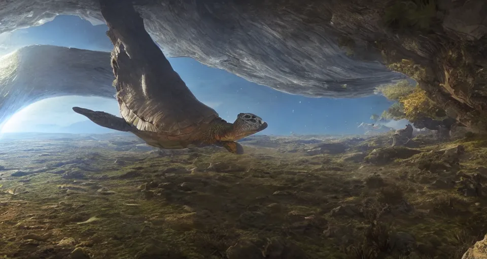Image similar to the diskworld, flat earth on the giant turtle's back, realistic, matte painting, unreal engine, 8k, wide angle, f12, james gurney and gret rutkowski, trending on artstation