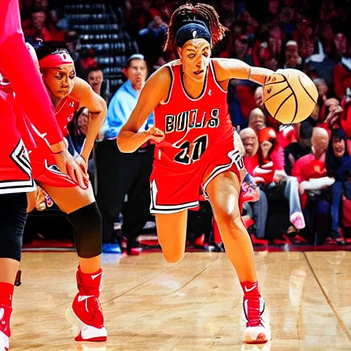 Image similar to candace parker playing basketball in a chicago bulls jersey