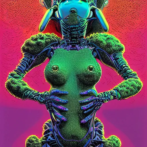 Prompt: sleek highly evolved biomechanical nubile borg queen hybrid dotted with small fractal lichens being possessed by the machine spirit, artists mœbius and philippe caza with beryl cook and jack kirby, high contrast cinematic light, mystical shadows, sharp focus, octane render