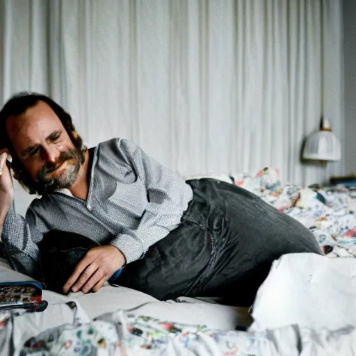 Prompt: middle aged software developer with a receding hairline laying on his bed in his childhood 1970s decorated bedroom