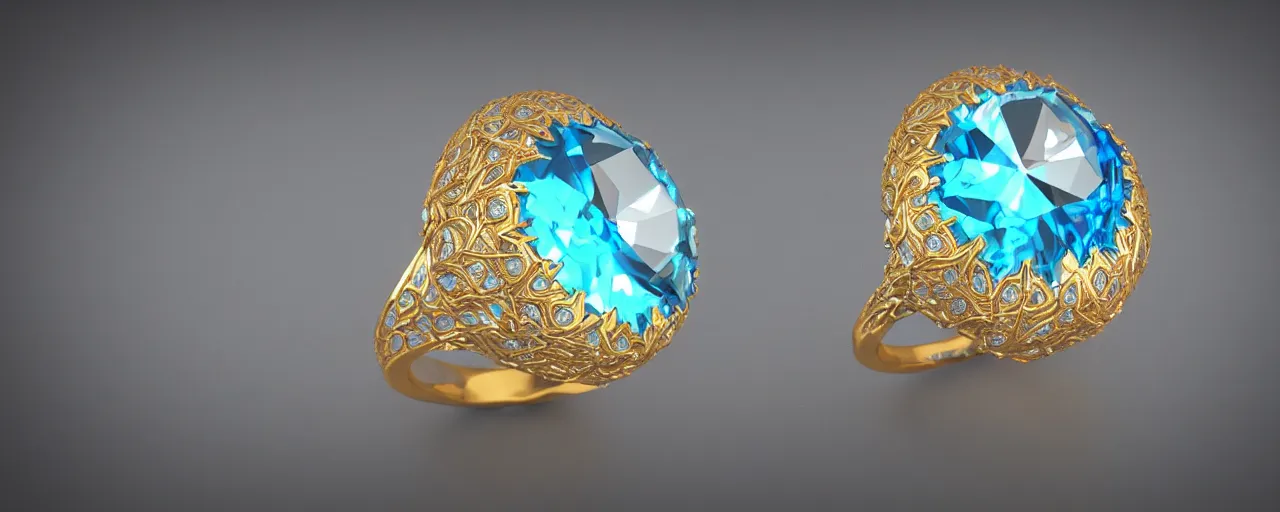 Prompt: simple golden magic crystal ring, radiant cut, ice, blue, gold, smooth shank, crystal, engravings, diamonds, product design, jewelry, colorful, art by gerald brom, greg rutkowski and artgerm, photo realism, unreal engine, c 4 d