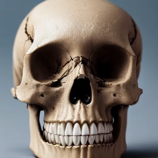 Prompt: close up of human skull used as ashtray, dark blurry background