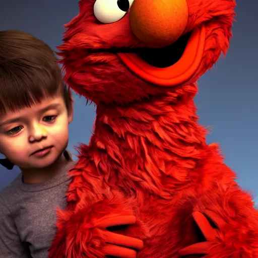 Image similar to elmo using a child as a hand puppet, playful scene, unreal engine, realistic, highly detailed fur, 8 k