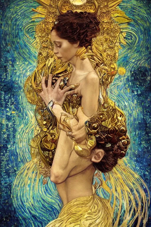 Image similar to Intermittent Chance of Chaos Muse by Karol Bak, Jean Deville, Gustav Klimt, and Vincent Van Gogh, beautiful portrait of Rebirth, Loki's Pet Project, Poe's Angel, Surreality, inspiration, imagination, muse, otherworldly, fractal structures, arcane, ornate gilded medieval icon, third eye, spirals