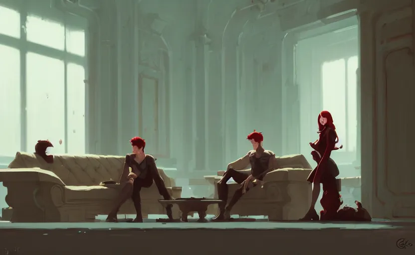 Prompt: scene of a brunette man and a red - haired woman chatting together in the throne room by atey ghailan, by greg rutkowski, by greg tocchini, by james gilleard, by joe fenton, by kaethe butcher, dynamic lighting, gradient light blue, brown, blonde cream and white color scheme, grunge aesthetic