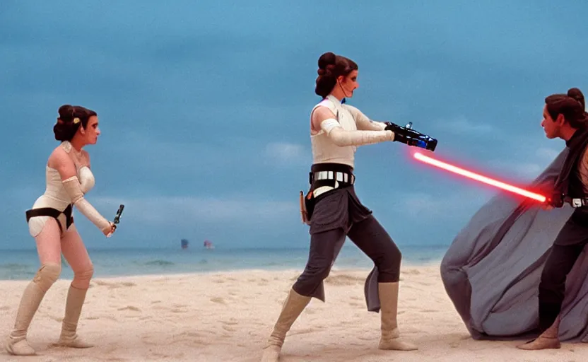 Image similar to portrait Princess Leia using lightsaber against Luke Skywalker on the beach, 1980s film directed by Stanley Kubrick, iconic scene, carrie fischer's photoreal face, stunning cinematography, hyper-detailed, sharp, anamorphic lenses, kodak color, 4k