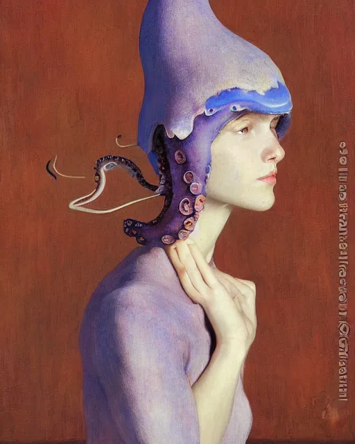 Prompt: a beautiful girl wearing an octopus as a hat, painted by edgar maxence, edward hopper, wayne barlowe and james gilleard, airbrush, art by jamesjean