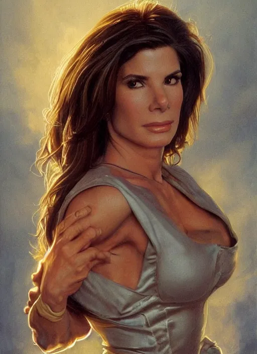 Image similar to Sandra Bullock (1990) as a muscled heroine staring into the camera, torch shadows, foggy night, intricate, elegant, highly detailed, Donato Giancola, Joseph Christian Leyendecker, WLOP, Boris Vallejo, Artgerm