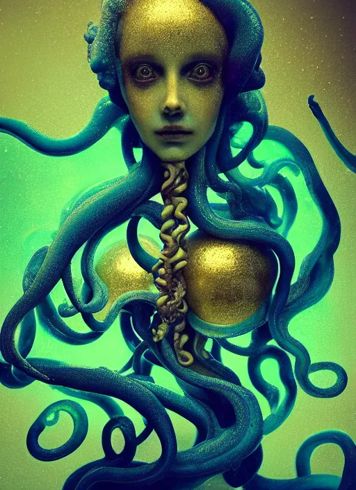 Image similar to subsurface scattering, medusa made of soft wax, cgsociety, translucent, organic squid and ceramic art nouveau swirls, golden orbs, colored smoke, in the style of alberto seveso and ruan jia and beeple and giger, mystical colors, back light, rim light, dramatic lighting, 8 k, stunning scene, raytracing, octane render