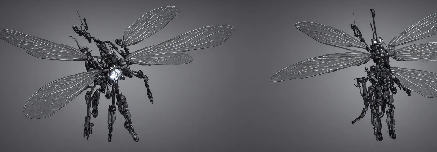 Image similar to symmetry!! a mechanized dragonfly with it's wings spread, gunmetal grey, top down view, very symmetrical, mecha, jet fighter, robotic, highly detailed, artstation, super realistic, unreal engine