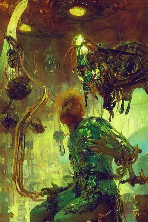 Image similar to a space viking drinking green neon liquid in an alien tavern. art by ilya repin.