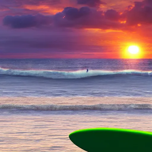 Image similar to a closeup photorealistic photograph of a cute pepe the frog on a surfboard surfing on the waves at sunset. surf in background. professional capture. brightly lit scene. this 4 k hd image is trending on artstation, featured on behance, well - rendered, extra crisp, features intricate detail, epic composition and the style of unreal engine