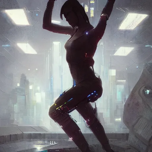 Prompt: my augmented body dances by itself, cyberpunk, full body, art by greg rutkowski, matte painting, trending on art station