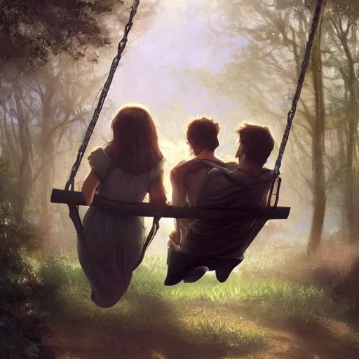 Image similar to a couple sitting on a swing together, blurred backround, back profile, beautiful, digital painting, artstation, concept art, soft light, hdri, smooth, sharp focus, illustration, fantasy, intricate, elegant, highly detailed, D&D, matte painting, in the style of Greg Rutkowski and Alphonse Mucha and artemisia, 8k, highly detailed, jurgens, rutkowski, bouguereau, pastoral, rustic, georgic