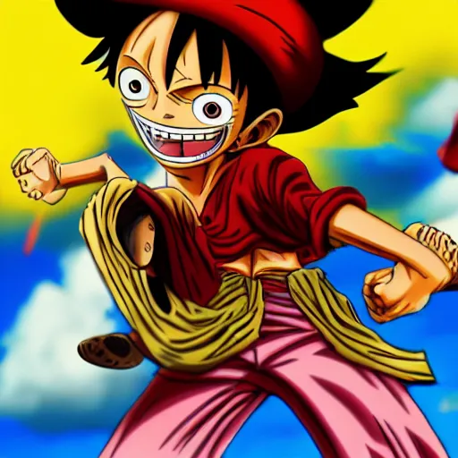 Prompt: monkey d luffy from one piece fighting kaidou, 4 k hd, over saturation, bright colours