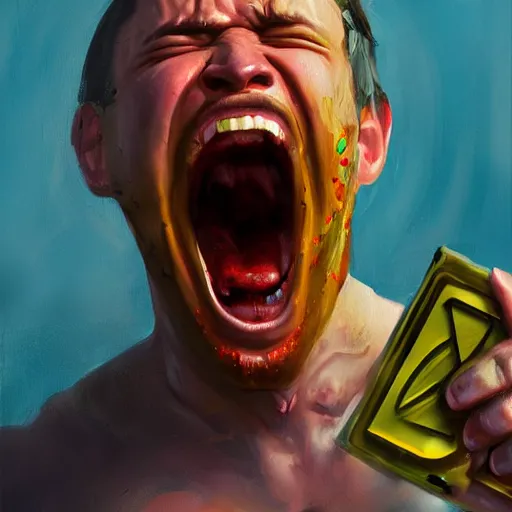 Prompt: a screaming man holds a burning nvidia graphics card, expressive oil painting, digital art, trending on artstation