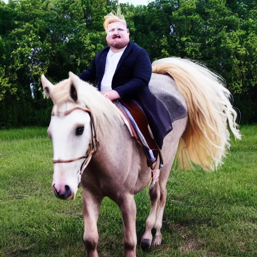 Image similar to matty matheson blonde hair riding a horse over the moon, photograph