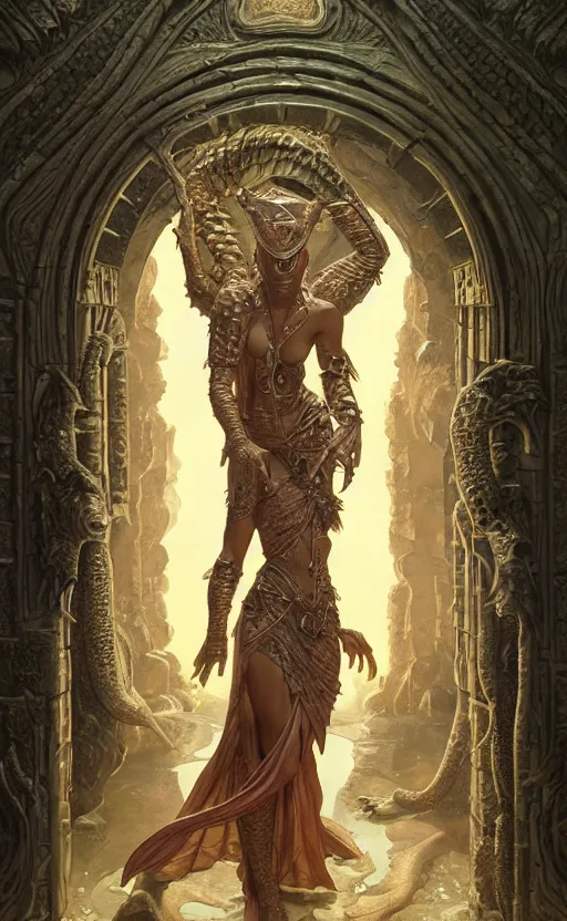 Prompt: crocodile godess in temple portal, reptilian skin, d & d, fantasy, intricate, elegant, highly detailed, digital painting, artstation, concept art, matte, sharp focus, illustration, art by artgerm and greg rutkowski and alphonse mucha