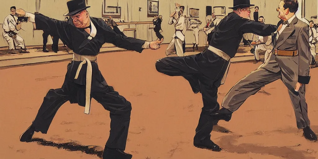 Image similar to Winston Churchill teaching Eisenhower karate. Epic painting by James Gurney and Laurie Greasley.