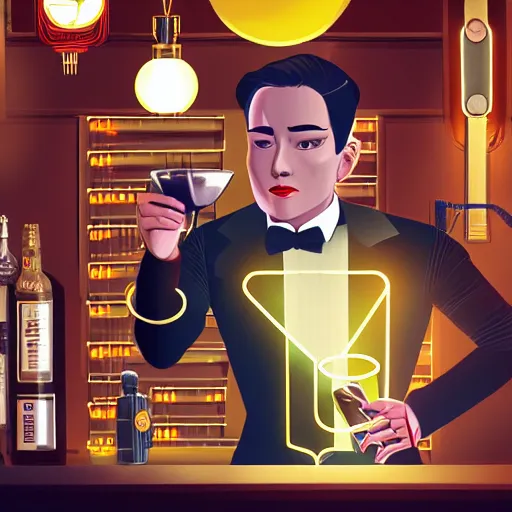 Prompt: portrait of a male cyborg bartender, chinese, slick brushed - back hair, half - robot half - human, red velvet mao suit, golden ascot, steampunk monocle, in a dark bar lit by floating lights, post - impressionist