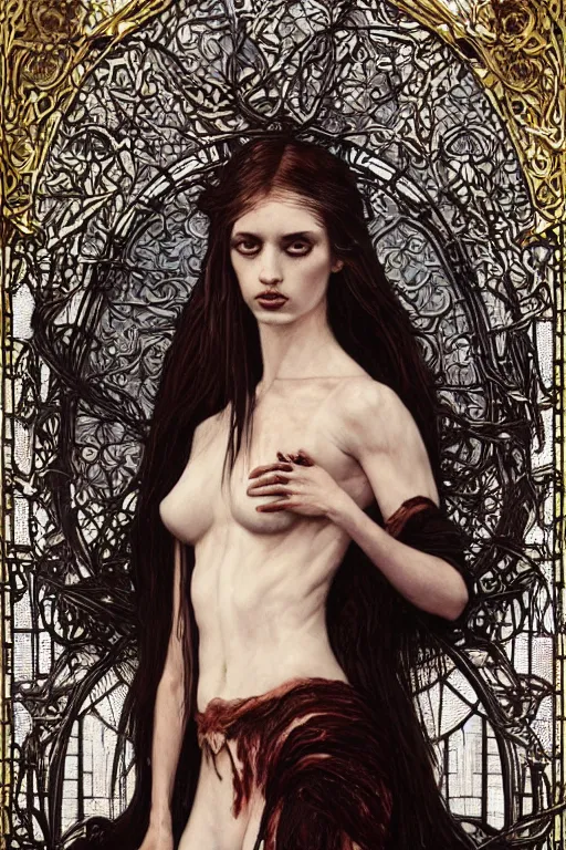 Prompt: breathtaking detailed soft painting of grim reaper in gauze dress, by guillermo lorca, with long hair and piercing eyes in bleeding meat and flesh, dynamic pose and movement, in an intricate art nouveau stained glass of meat, rembrandt style, elegant, highly detailed, artstation, concept art, matte, sharp focus, art by tom bagshaw, luis royo and greg rutkowski