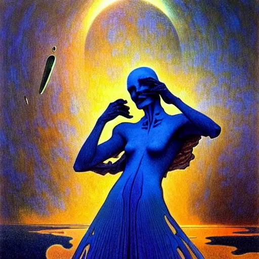 Prompt: realistic extremely detailed portrait painting of a ghost silhouette, futuristic sci-fi landscape on background by Jean Delville, Amano, Yves Tanguy, Alphonse Mucha, Ernst Haeckel, Edward Robert Hughes, Roger Dean, rich moody colours, blue eyes