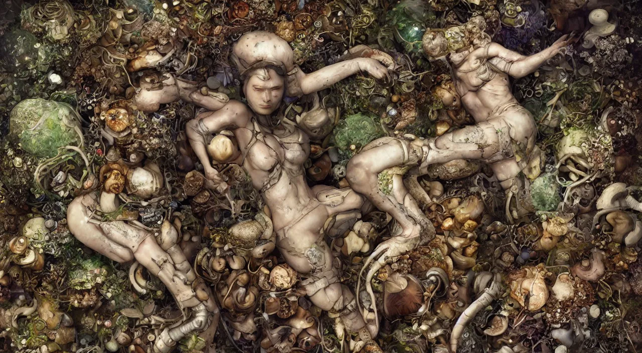 Prompt: a bio - mechanical sleeping giant woman with mushrooms as camouflage highly detailed, cinematic, perfect face, cyberpunk, fine details, studio lighting, subtle shadows, art by katsuya terada and hieronymus bosch, photo - realism, hyper realism, octane render