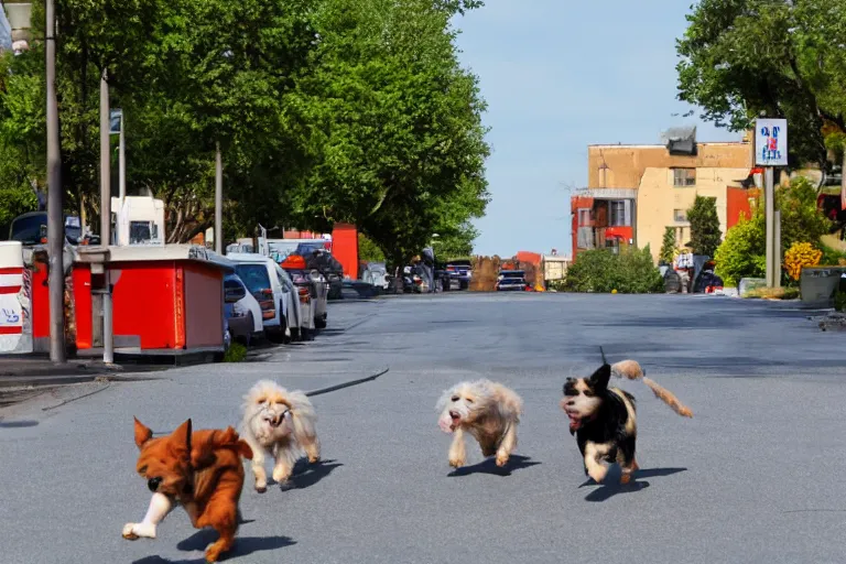 Image similar to dogs running down the street chasing the post office vehicle, wide shot, side viewpoint