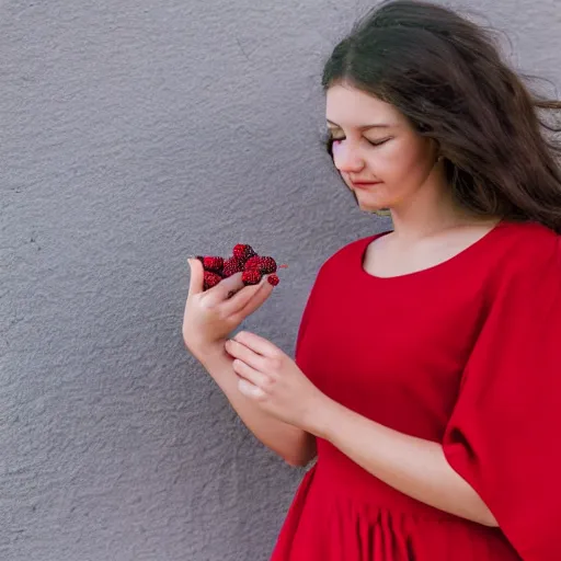 Prompt: young woman in red dress picks berries