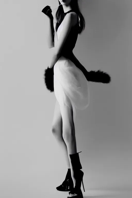 Prompt: full body aesthetic photograph of a beautiful young woman in a furry black cocktail dress standing in an empty white room by Nick Knight and Lina Tesch, realistic, photorealistic, HD, 4k resolution