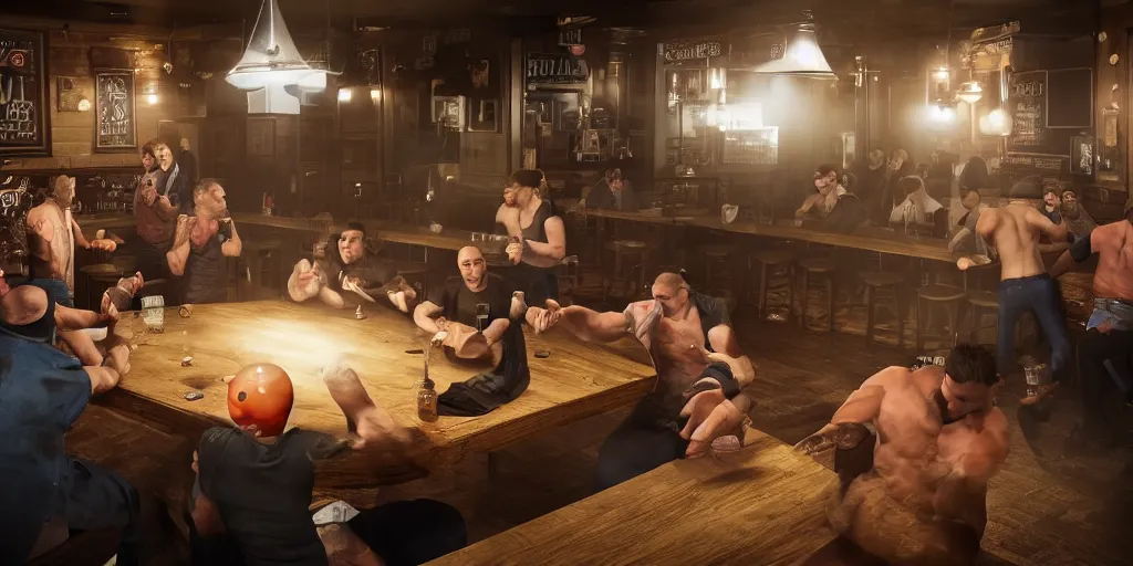 Prompt: a photo of a bar fight inside a pub between a 20 sided die and two six sided dice, Leica, 4k, 3D render, hyperrealism, editorial, photorealistic, crisp details, sharp focus, wide angle lens, octane render, cinematic lighting