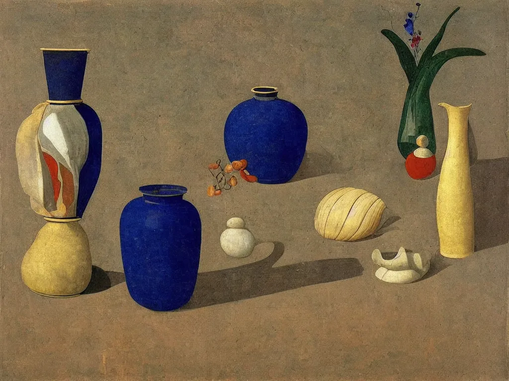 Image similar to still life with amphora, vase, seashell, orchid. lapis lazuli, malachite, cinnabar, gold. painting by piero della francesca, balthus, agnes pelton
