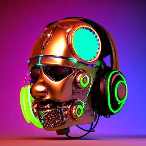 Image similar to a glossy claymodel of a steampunk robot head with glowing headphones, 8 k, symetrical, flourescent colors, halluzinogenic, multicolored, very detailed, black background, 3 d render,