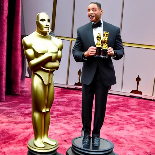 Image similar to Will Smith on the Oscars Stage holding an Academy Awards Trophy replaced with a Golden mini Moai, full body, 8k, hyperrealism, award winning photograph