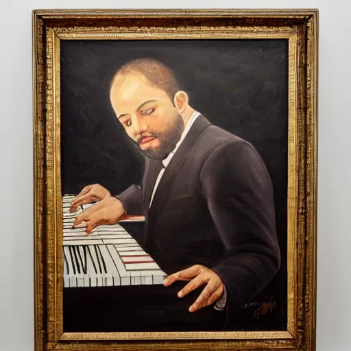 Image similar to 3 0 years old man playing piano, oil painting, front facing, medium dark skin